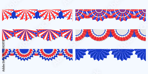 Set of american bunting, rosette decoration elements. Seamless border for independence day decorations