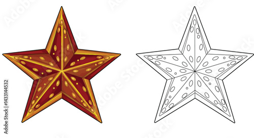 Celestial Harmony: A captivating image showcases a star, revealing both a detailed, colored design and a corresponding line drawing, symbolizing creative process.