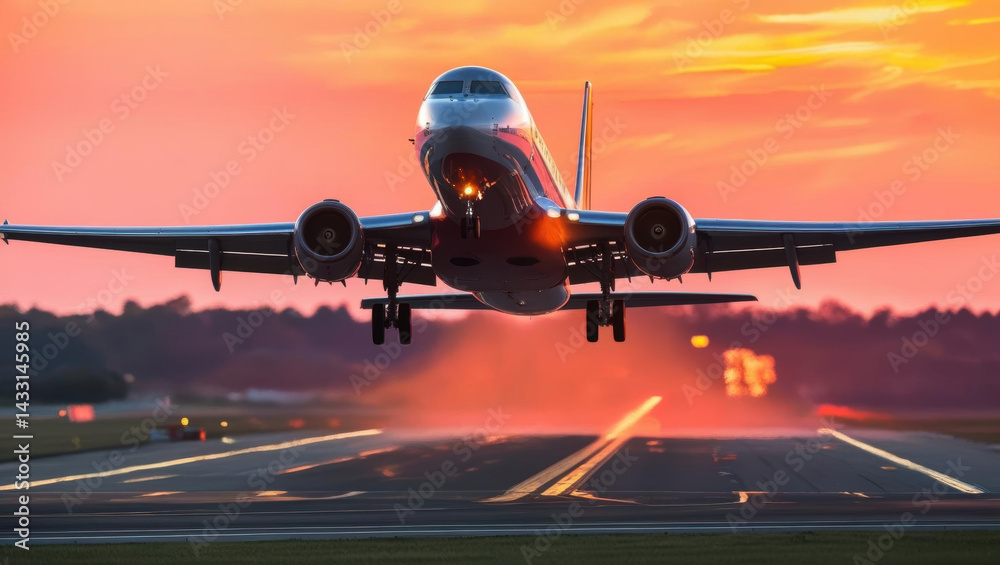 Naklejka premium commercial airplane takes off against vibrant sunset sky, showcasing beauty of aviation and travel. scene captures excitement