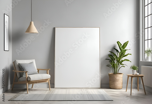 Clean White Frame Mockup in Minimalist Interior with Plants