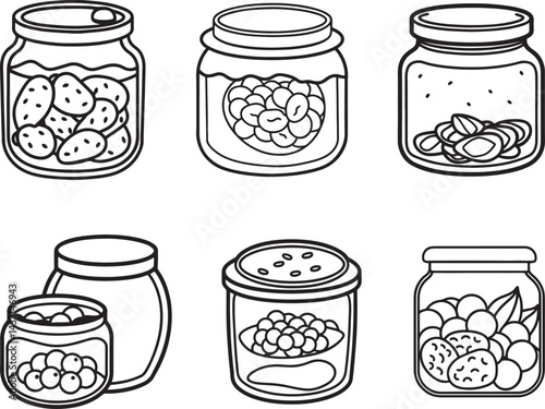 set of preserved food line art, black outline, vector and illustration, coloring book page line art drawing