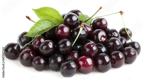 Vibrant Fresh Cherries With Green Leaves Piled Together Against A Clean White Background