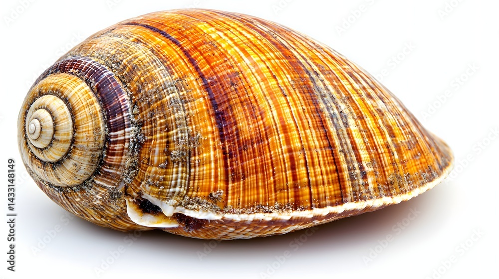 Closeup of a Colorful Spiraled Shell with Intricate Patterns and Textures on a White Background Closeup of a Colorful Spiraled Shell with Intricate Patterns and Textures on a White Background