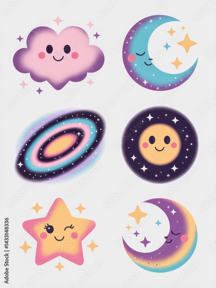Cute, stylized celestial figures in a pastel color palette. Cute, stylized celestial figures in a pastel color palette.