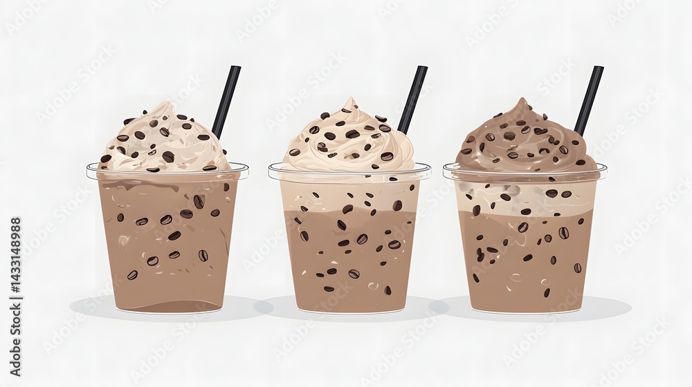 Three Flavorful Coffee Frappe Drinks with Cream and Chocolate Shavings on a Light Background Three Flavorful Coffee Frappe Drinks with Cream and Chocolate Shavings on a Light Background