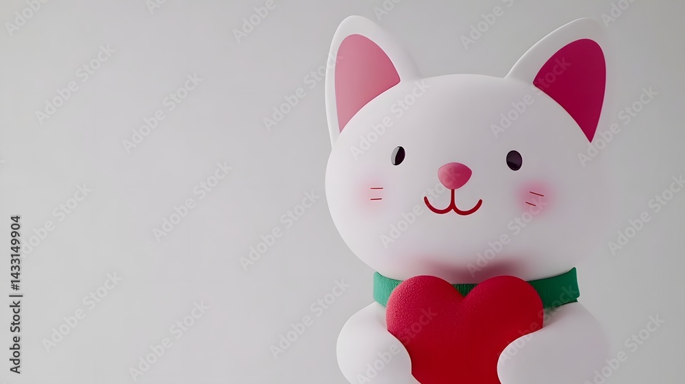 Obraz premium Cute White Cat Toy Holding Red Heart with Cheerful Expression on a Light Background