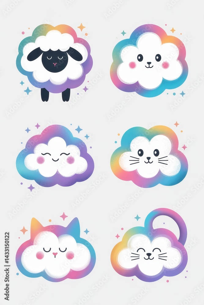 Adorable cloud-shaped creatures with pastel rainbow gradient. Adorable cloud-shaped creatures with pastel rainbow gradient.