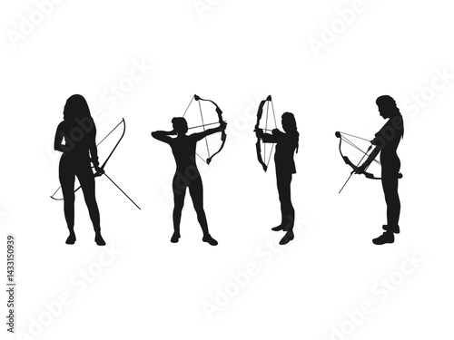 Woman Archer Silhouette. Archer Silhouette - Vector Illustration. Silhouette of the movements and body shape of an archer. vector on a white background.