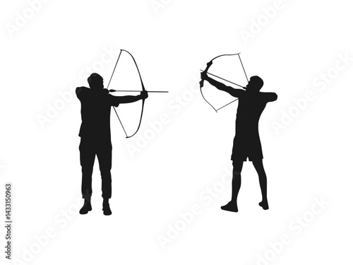 An archer bow vector black silhouette. Archer Silhouette - Vector Illustration. Silhouette of the movements and body shape of an archer. vector on a white background.