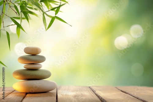 Balanced stones on a wooden surface against a tranquil nature backdrop.
