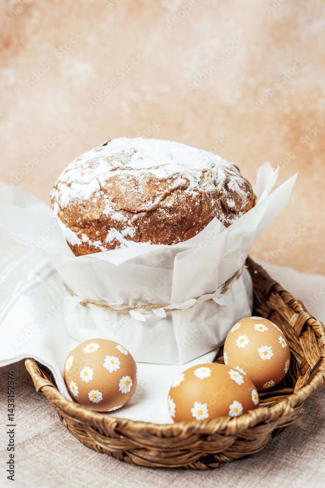 Traditional Easter cake with hand-painted daisy eggs on fabric. Homemade festive baked goods and decor...