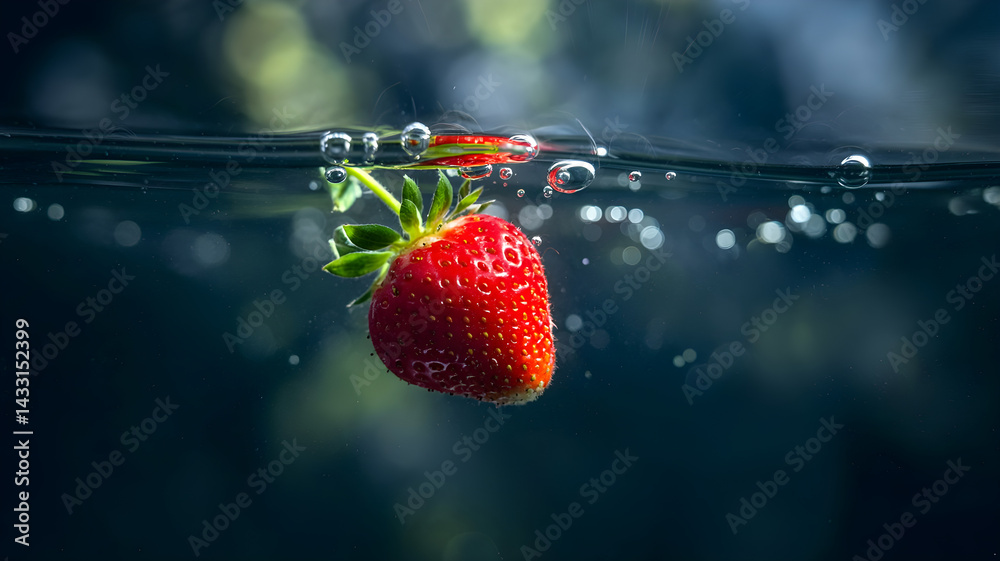 Strawberry's refreshing dive: A vibrant, juicy strawberry plunges into clear water, creating a moment of refreshing splash, and visual delight. capturing the essence of fresh taste.