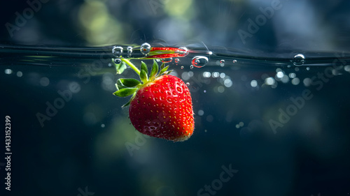 Obraz na płótnie Strawberry's refreshing dive: A vibrant, juicy strawberry plunges into clear water, creating a moment of refreshing splash, and visual delight. capturing the essence of fresh taste. w salonie