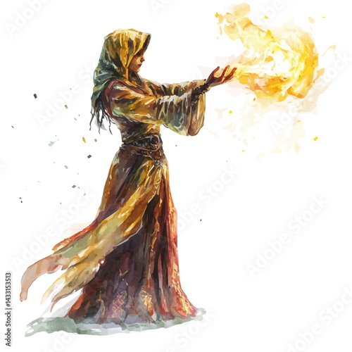 watercolor of Sorceress Casting A Spell With Glowing Energy, isolated on a white background.