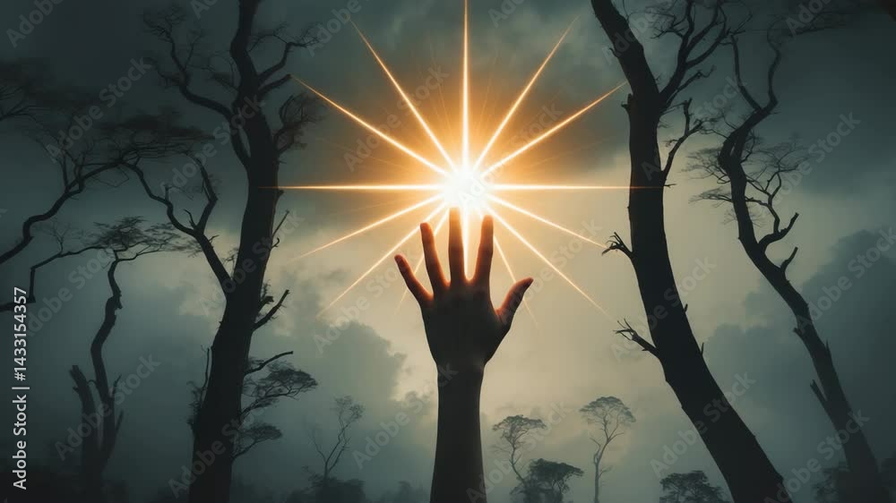 A silhouette of a girl raising her hand to the sky.