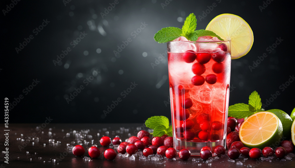 Refreshing cranberry cocktail with lime and mint on background
Refreshing cranberry cocktail with lime and mint on background