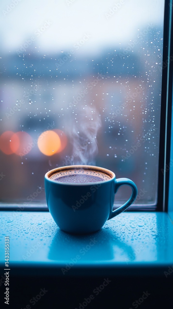 A cozy cup of coffee sits by the window on a rainy day. Steam rises gently from the cup. The blurred background adds a calm ambiance. Generative AI