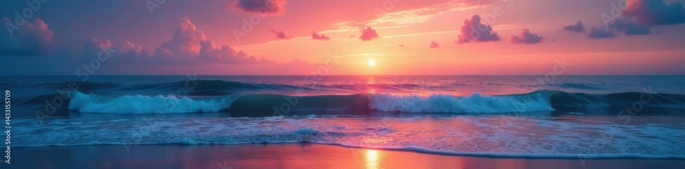 Obraz premium Peaceful evening sky with a single wave on the shore, ocean, beach