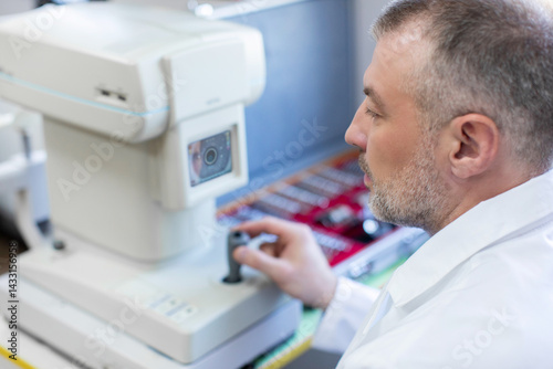 Professional male doctor ophthalmologist checking eye vision of patient in modern clinic, using modern ophthalmologic device