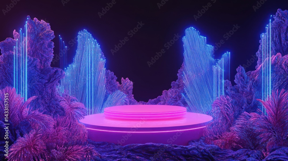 Fototapeta premium Neon Dreamscape: Futuristic Pink and Blue Platform in a surreal landscape
