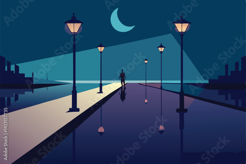 night walk under streetlamps with reflections .eps
