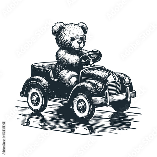 Black White Vector Illustration of a Teddy Bear Driving a Pedal Car Toy: A Vintage Engraved.
