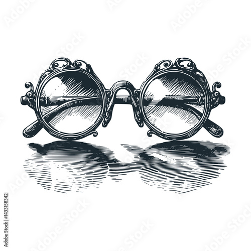 Black White Vector Illustration of Victorian Era Glasses with Elegant Floral Engraving: A Vintage Engraved.