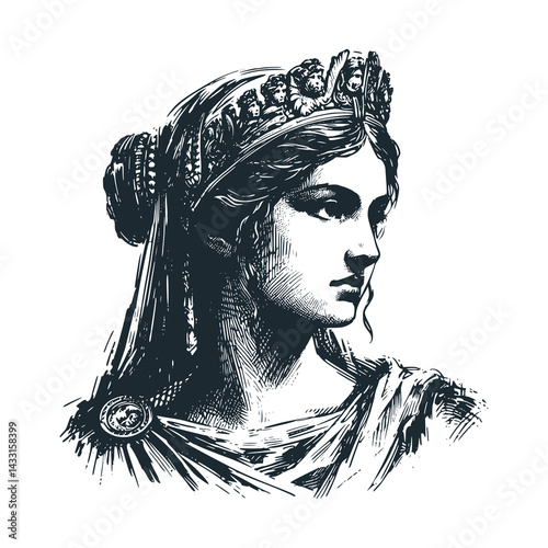 Black White Vector Illustration of a Beautiful Roman Empire Princess: A Vintage Engraved.