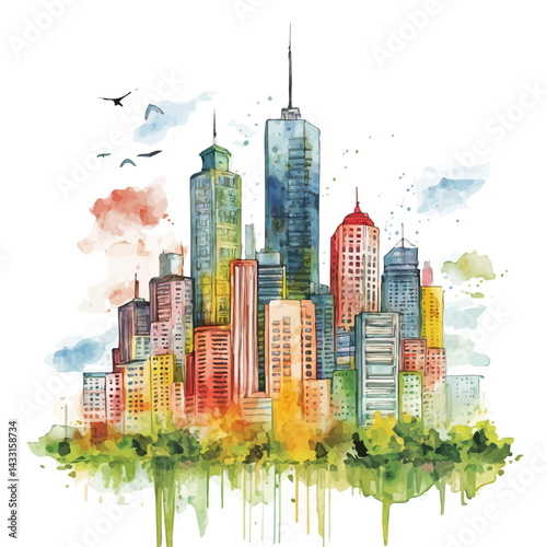 watercolor of Smart City, vector, isolated on a white background.