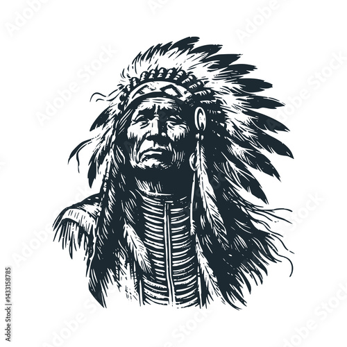 Black White Vector Illustration of a Native American Leader with Proud and Dignified Posture: A Vintage Engraved Infographic