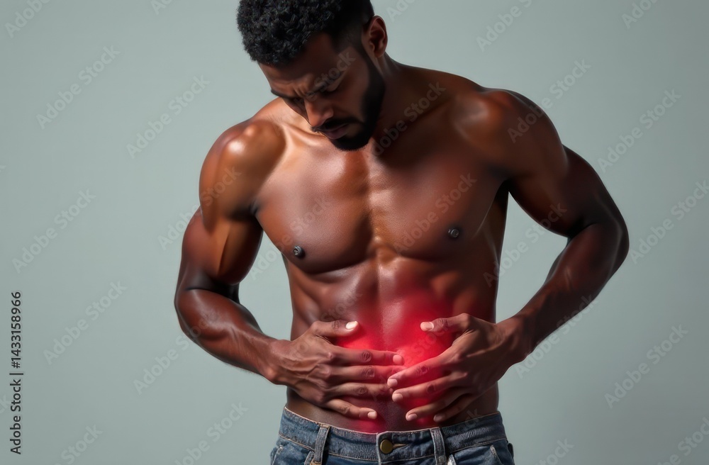 Fototapeta premium shirtless dark skinned man holding stomach with red highlight indicating pain. health and wellness concept. illness, indigestion, abdominal pain. medical article, healthcare guide, fitness blog.