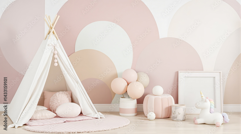 Fototapeta premium pastel-colored playroom with a white teepee pink pillows and an abstract wall