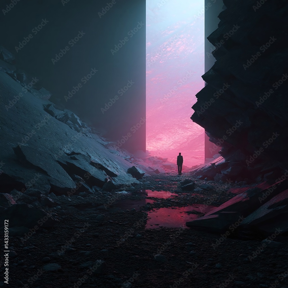 Fototapeta premium A solitary figure stands in a surreal landscape between rocky formations and a glowing portal