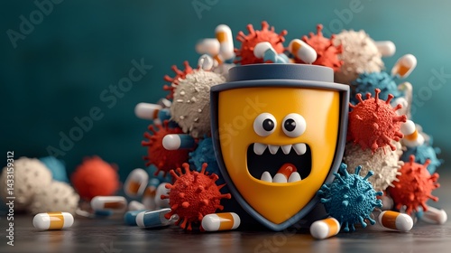 Cartoon shield protecting against biological threats