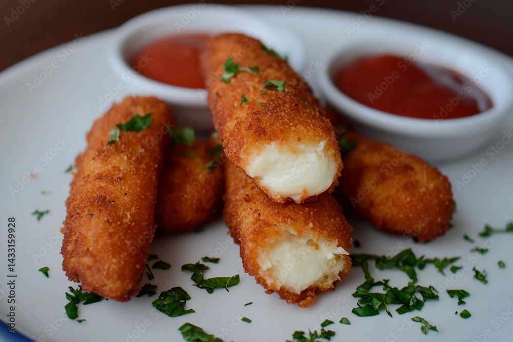 Crispy cheese sticks sit on a white plate, garnished with fresh parsley. Two small bowls of tangy dipping sauce accompany the dish, inviting a flavorful tasting experience Crispy cheese sticks sit on a white plate, garnished with fresh parsley. Two small bowls of tangy dipping sauce accompany the dish, inviting a flavorful tasting experience
