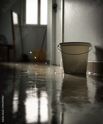 a simple plastic bucket placed on the floor under a visible drip from the ceiling