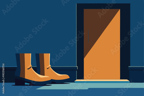 old boots left at rain soaked doorstep