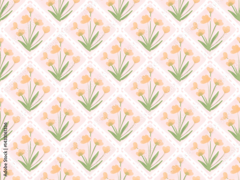 watercolor block print yellow tulip flower on pink seamless pattern background