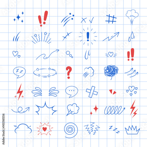 Anime Emotion effect set. Line movement element. Manga sparks on checkered notebook sheet. Hand drawn line Vector illustration.