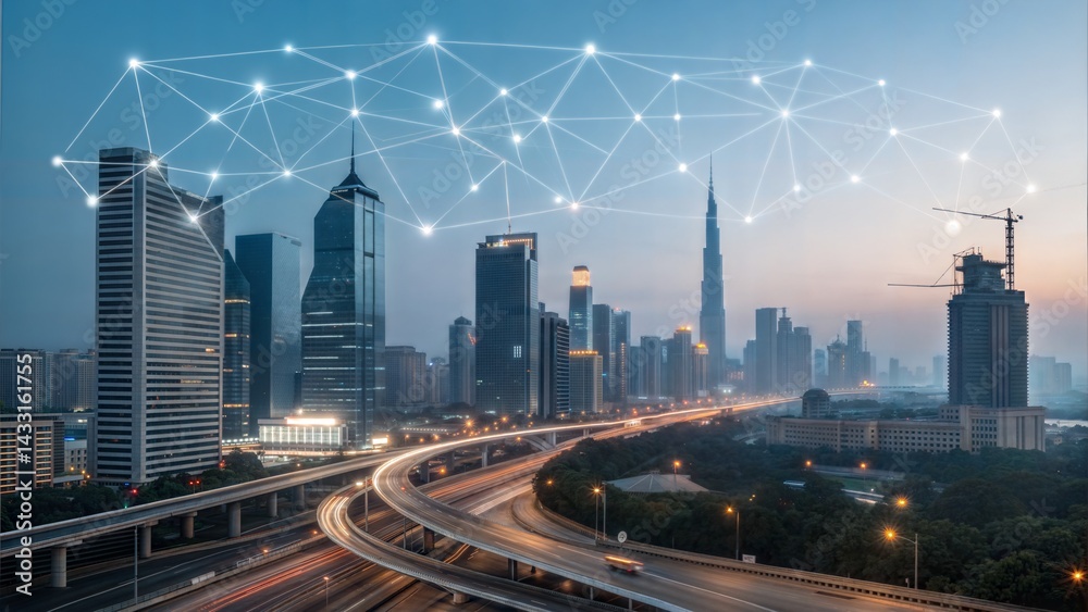 Obraz premium Smart city concept with interconnected digital points and lines, representing big data and advanced connectivity. (Bigdata)
