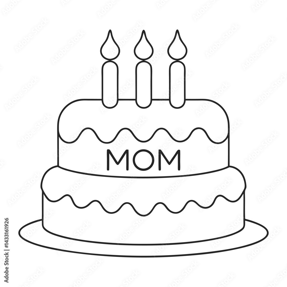 Line Art of Birthday Cake with Candles and 'Mom' Text Decoration Line Art of Birthday Cake with Candles and 'Mom' Text Decoration