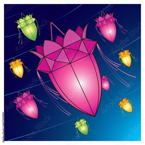 colorful vesak lanterns over sky vector art