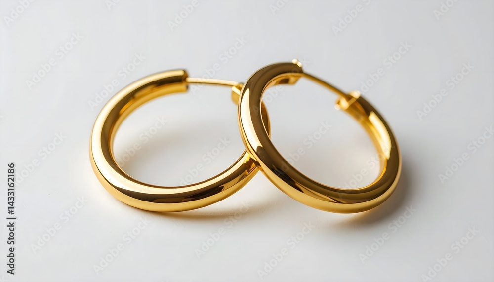 Studio shot of a pair of gold hoop earrings, resting on a white surface, high detail Studio shot of a pair of gold hoop earrings, resting on a white surface, high detail