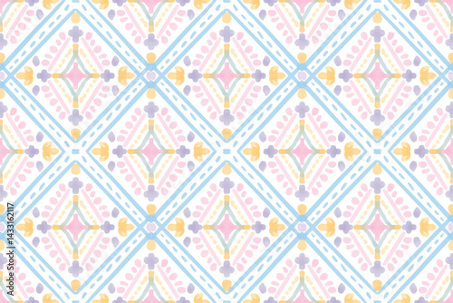 watercolor abstract mandala style pink diamond blue line block print seamless pattern background