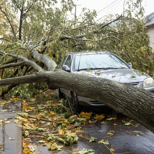 a large tree that has fallen onto the roof of a car parked on a residential street 