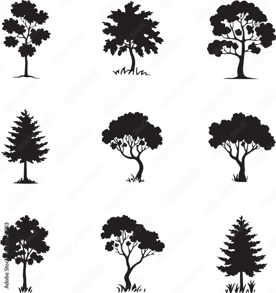 Set of trees silhouettes vector on white background