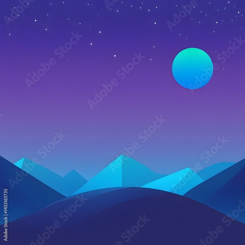 Night landscape with mountains and moon. Vivid purple illustration. 