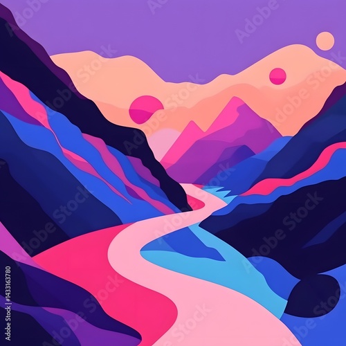 Colorful mountain landscape with a winding road in the mountains. Multicolored illustration.