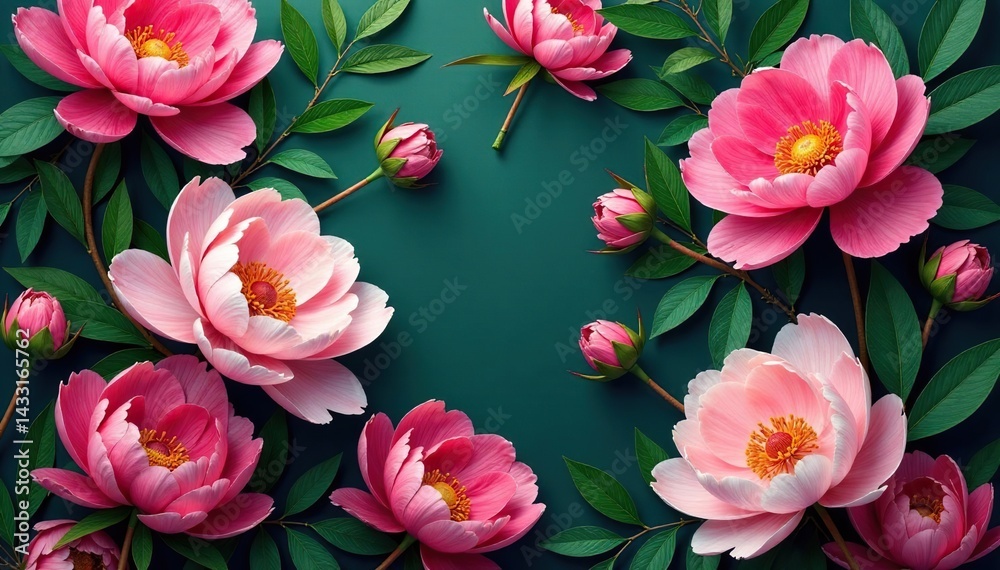 Obraz premium Bold peony blooms, lush green foliage, damask-style repeat, black, bright