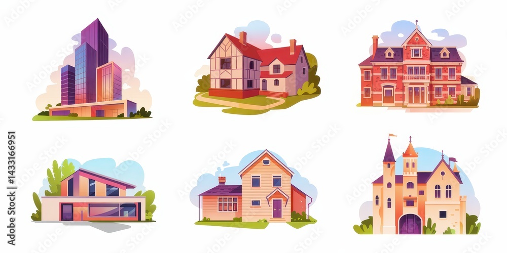 Diverse residential and commercial structures in various architectural styles. Diverse residential and commercial structures in various architectural styles.